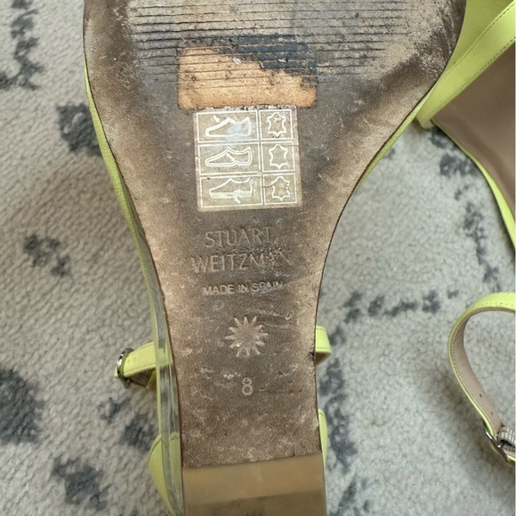 STUART WEITZMAN Nudist Clear Lucite Heel Neon Bright Yellow Summer Wedge Sandals - Picture 8 of 9